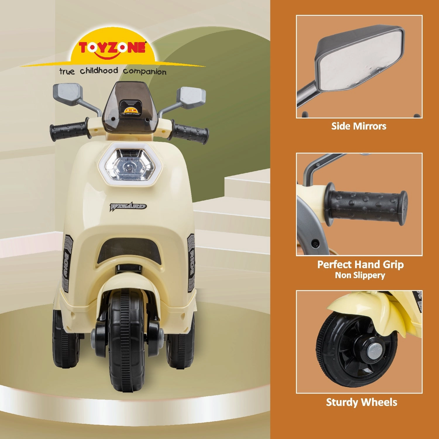 Wizard Electric Scooty - Ivory | Rechargeable Scooty | Powered by 6V & 4.5 AH Battery | Ride-On Scooter | Kids Electric Scooty | For Kids 3  Years