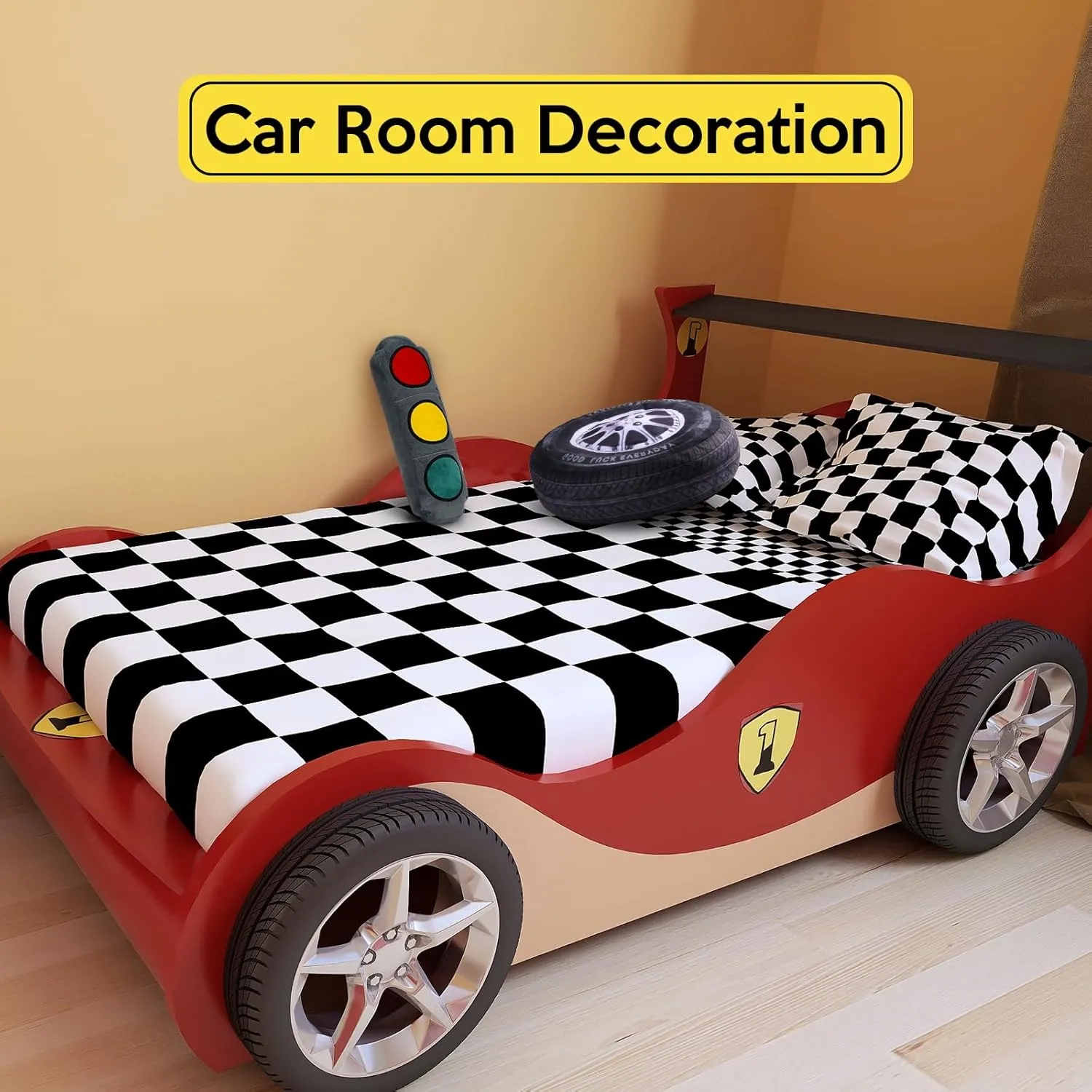 Woanger 2 Pcs Racing Pillow Room Decorations Set 15.7 Inch Big Creative 3D Simulation Wheel Pillow Funny Cone Traffic Light and Stop Sign Soft Race Car Tire Plush for Kid Room(Traffic Light)