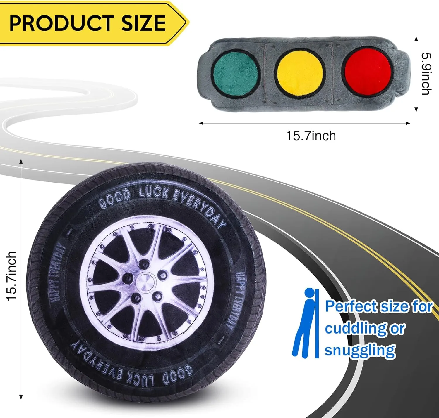 Woanger 2 Pcs Racing Pillow Room Decorations Set 15.7 Inch Big Creative 3D Simulation Wheel Pillow Funny Cone Traffic Light and Stop Sign Soft Race Car Tire Plush for Kid Room(Traffic Light)