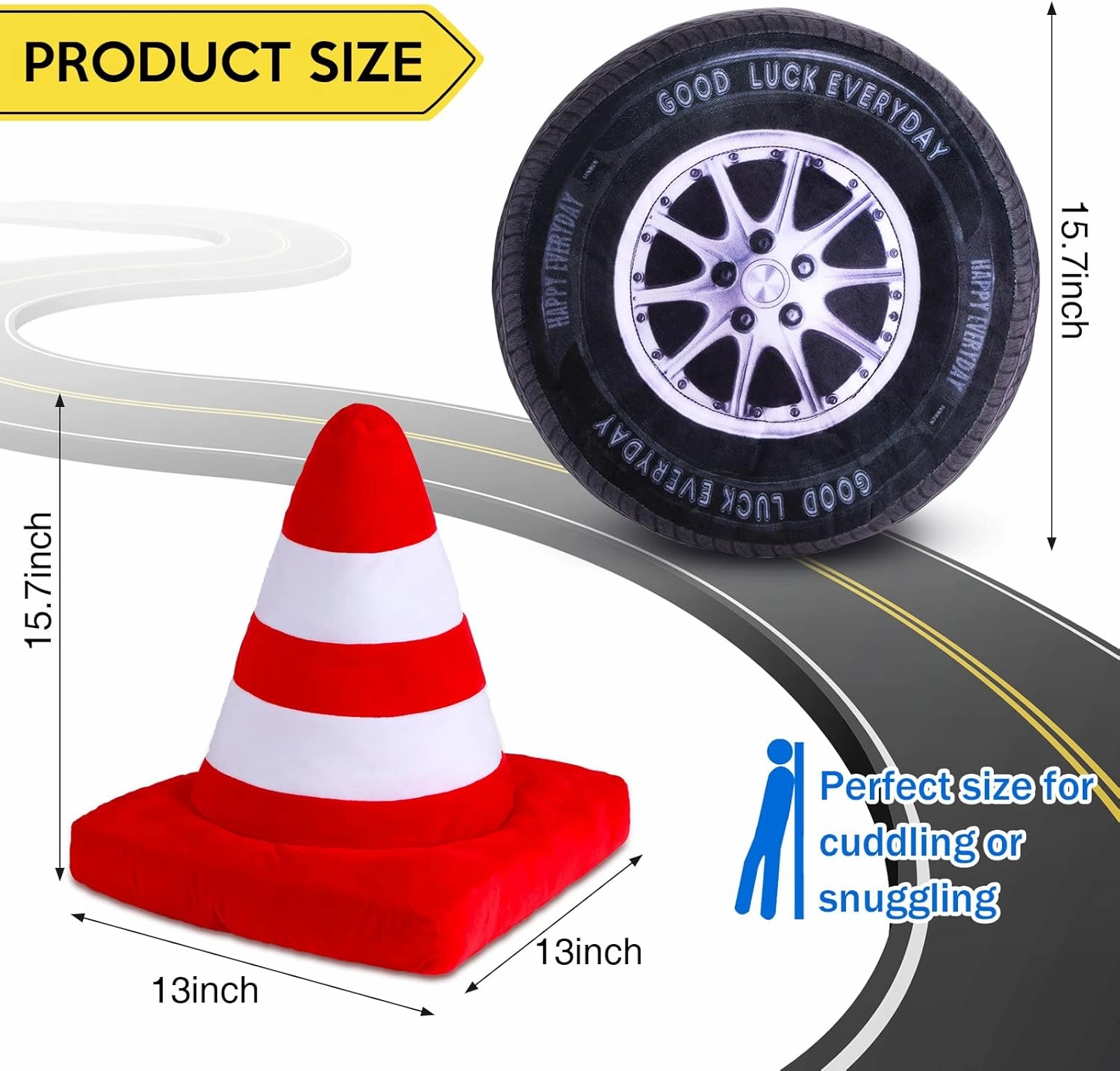Woanger 2 Pcs Racing Pillow Room Decorations Set 15.7 Inch Big Creative 3D Simulation Wheel Pillow Funny Cone Traffic Light and Stop Sign Soft Race Car Tire Plush for Kid Room(Traffic Cone)