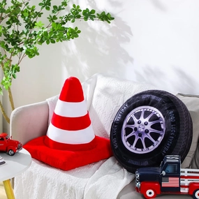 Woanger 2 Pcs Racing Pillow Room Decorations Set 15.7 Inch Big Creative 3D Simulation Wheel Pillow Funny Cone Traffic Light and Stop Sign Soft Race Car Tire Plush for Kid Room(Traffic Cone)