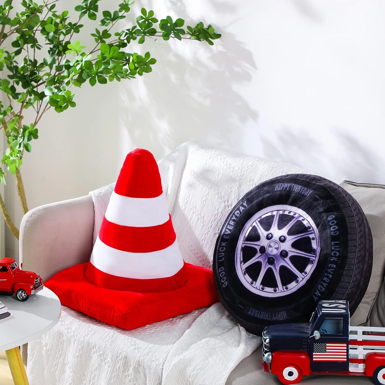 Woanger 2 Pcs Racing Pillow Room Decorations Set 15.7 Inch Big Creative 3D Simulation Wheel Pillow Funny Cone Traffic Light and Stop Sign Soft Race Car Tire Plush for Kid Room(Traffic Cone)