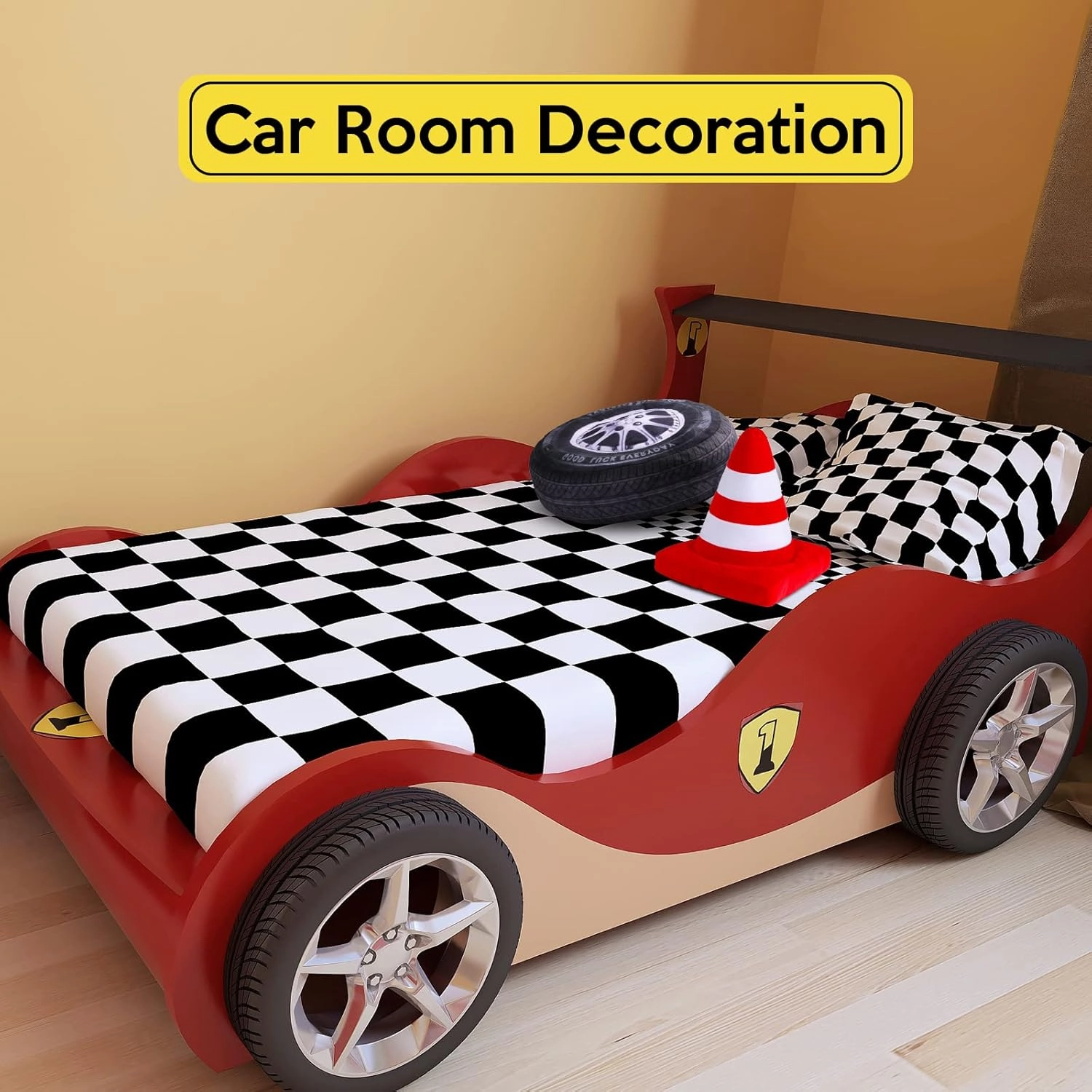 Woanger 2 Pcs Racing Pillow Room Decorations Set 15.7 Inch Big Creative 3D Simulation Wheel Pillow Funny Cone Traffic Light and Stop Sign Soft Race Car Tire Plush for Kid Room(Traffic Cone)