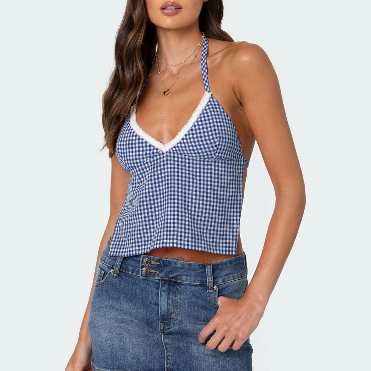 Women Girls Terry Trim V-Neck Halterneck Top Sleeveless Open Back Gingham Tops Strappy Y2K Shirts Streetwear