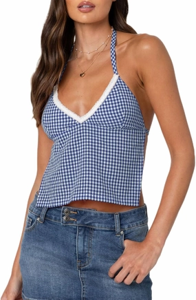 Women Girls Terry Trim V-Neck Halterneck Top Sleeveless Open Back Gingham Tops Strappy Y2K Shirts Streetwear