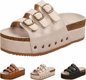 Women's Cork Footbed Slides 3 Strap Straps Platform Clogs Suede Slip-on Flatform Sandals for Women Fashion Slippers Summer