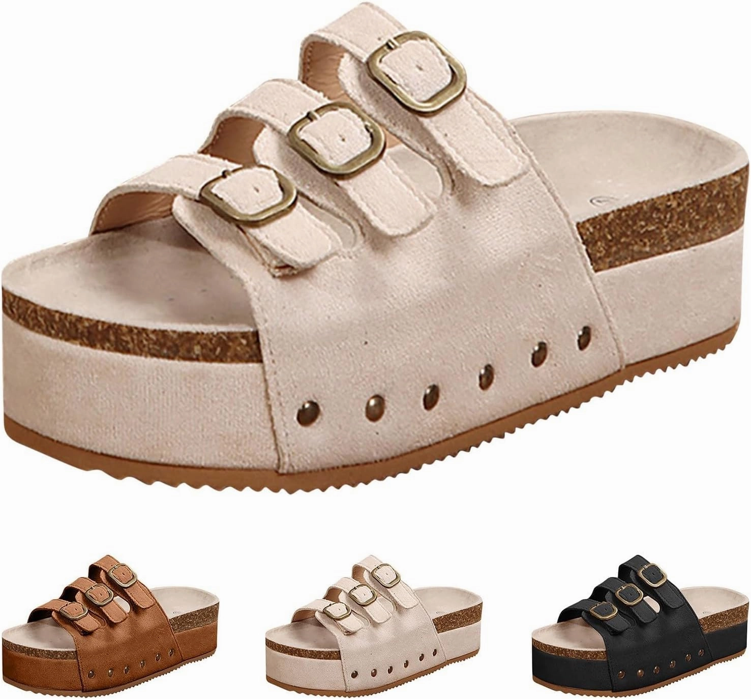 Women's Cork Footbed Slides 3 Strap Straps Platform Clogs Suede Slip-on Flatform Sandals for Women Fashion Slippers Summer