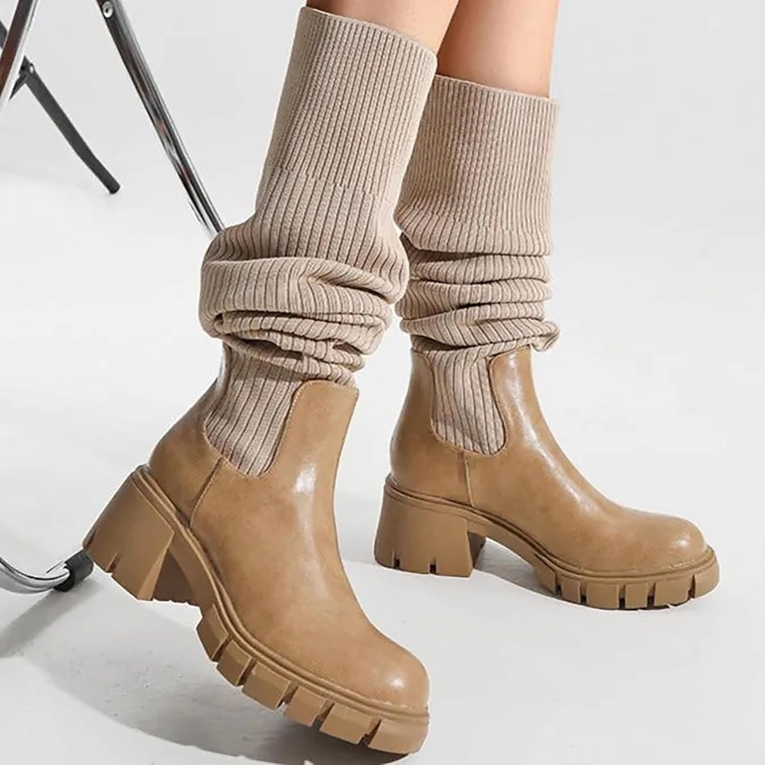 Womens Over Knee Boots Thigh High Stretch Knitted Socks Chunky Block Heel Boots