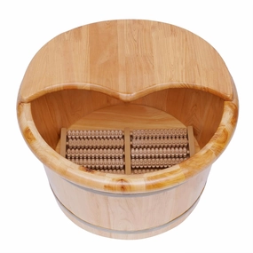 Wood Foot Bath Basin Barrel with Cover & Massage Roller Feet Relax Spa Bucket Kit Health & Beauty Foot Basin Plus Cover Plate Massager for Home Spa (12.2x12.2x9.84in)
