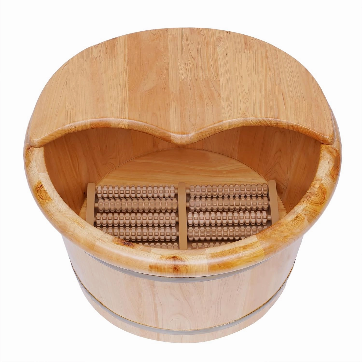 Wood Foot Bath Basin Barrel with Cover & Massage Roller Feet Relax Spa Bucket Kit Health & Beauty Foot Basin Plus Cover Plate Massager for Home Spa (12.2x12.2x9.84in)