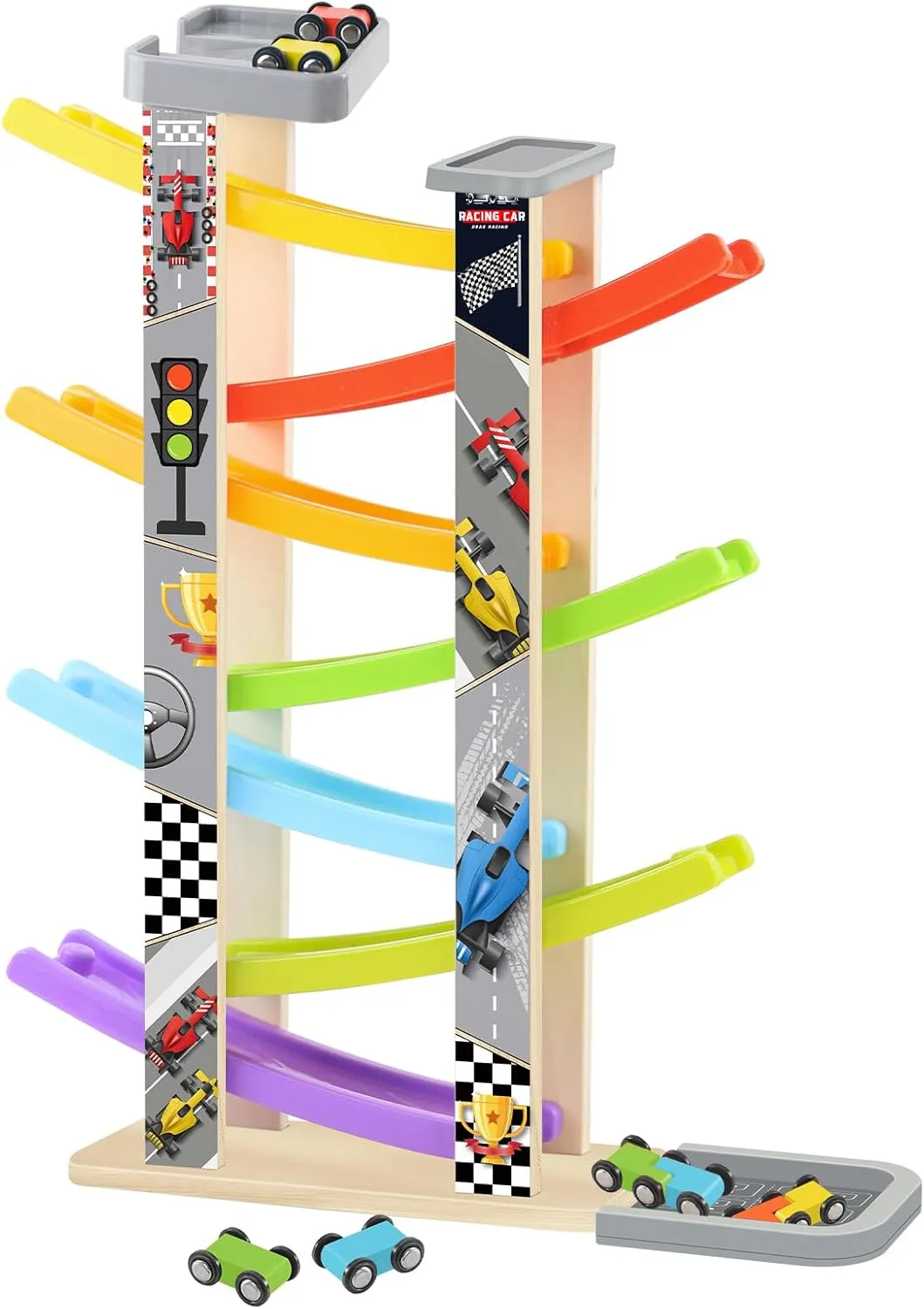 Wooden Race Track Car Ramp Toy, Montessori Car Ramp Set with 7 Mini Cars, 7 Ramps, Parking Lots – Educational Gift for Boys & Girls 3 Years Toys
