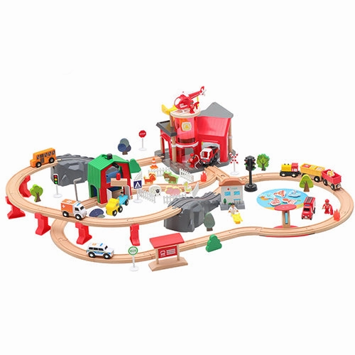 Wooden Train Tracks & Trains Construction Fire Station