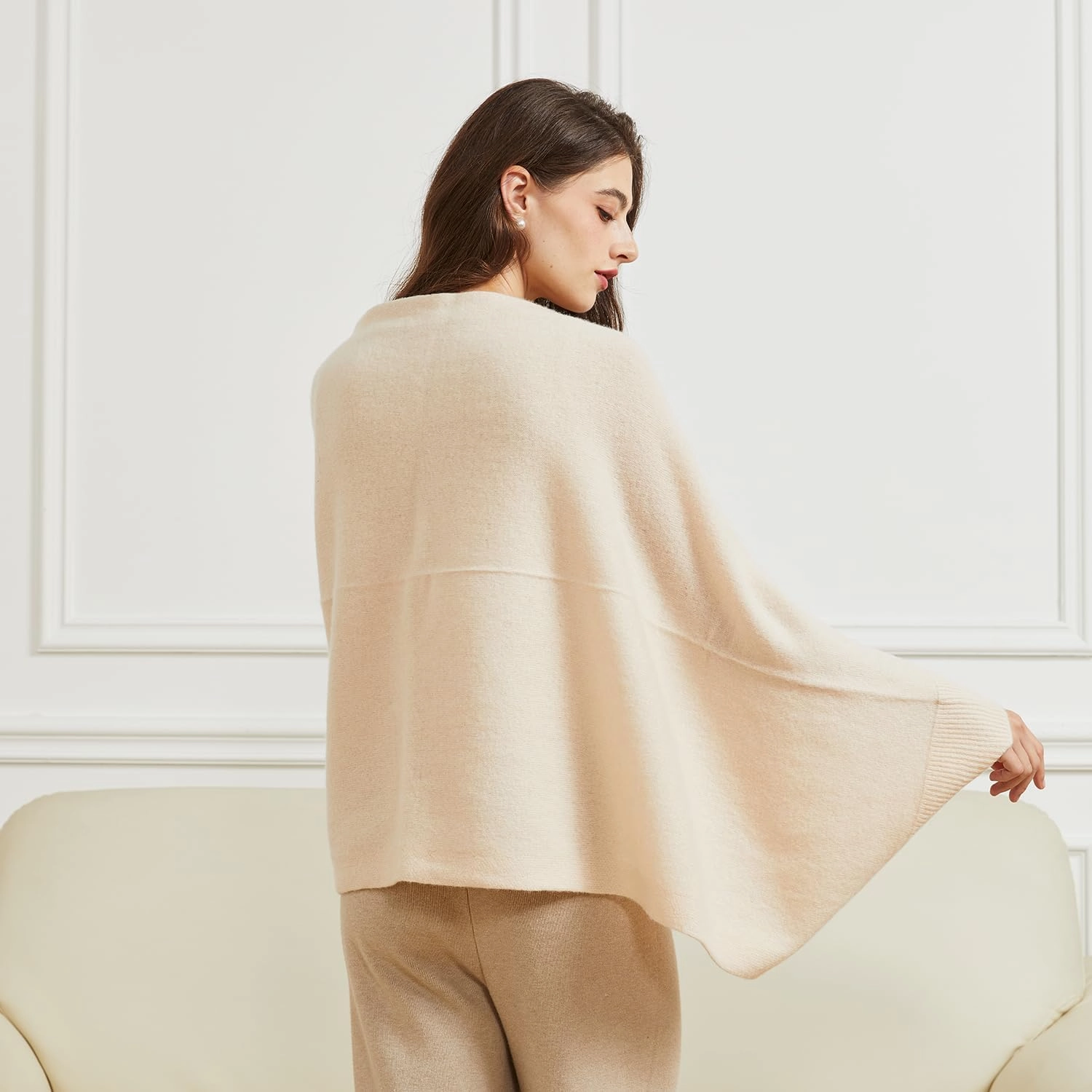 Wool Shawl Wrap Scarf with Sleeves Women's Outer Warm Knitted Open Front Poncho Cape Fall Winter