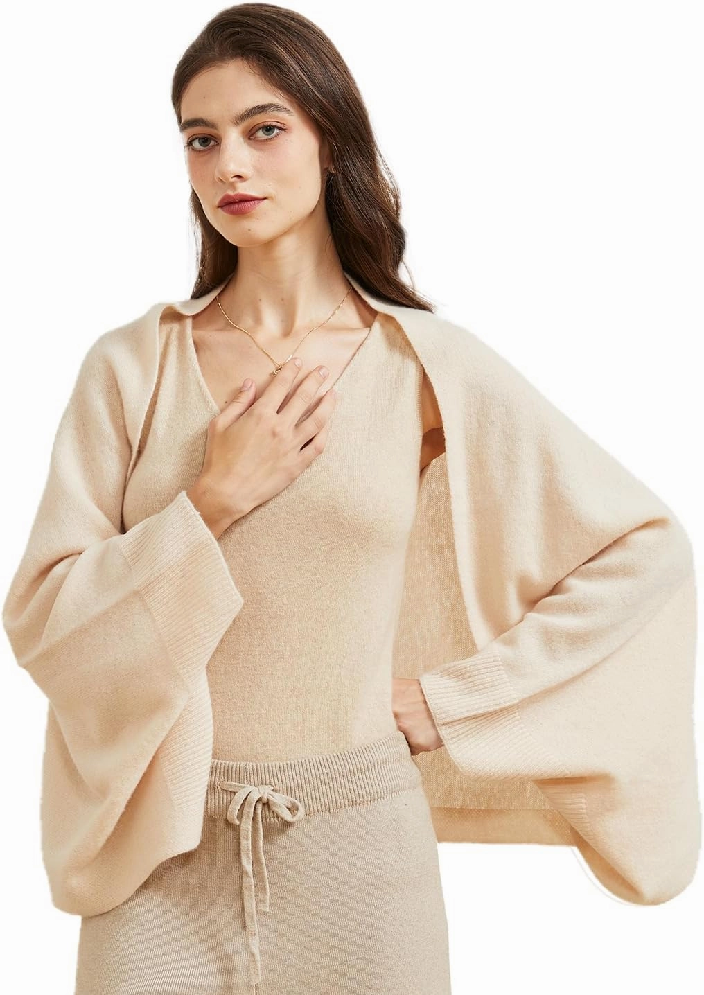 Wool Shawl Wrap Scarf with Sleeves Women's Outer Warm Knitted Open Front Poncho Cape Fall Winter
