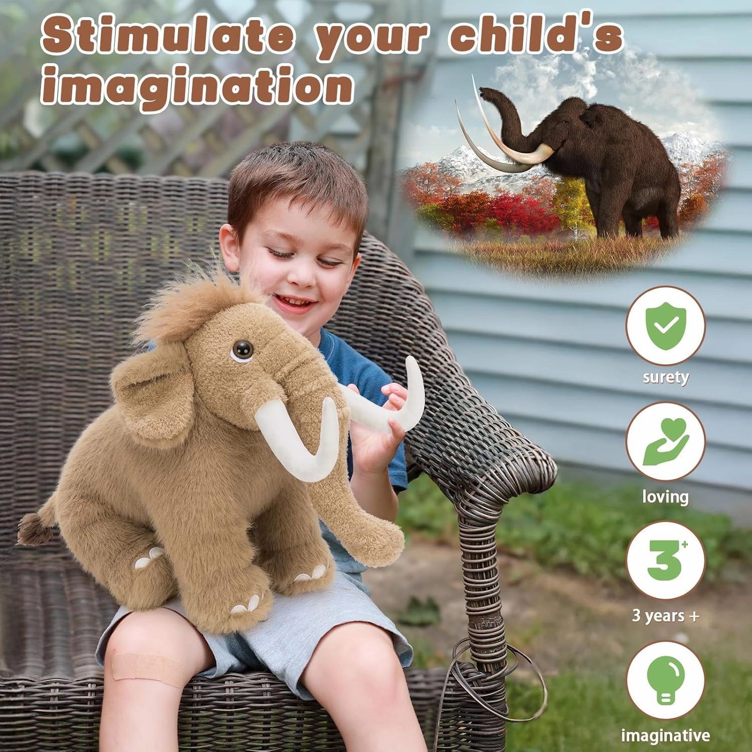 Woolly Mammoth Plush Toy, Cute Soft Elephant Stuffed Animal for Boys Girls Kids, 16" Cuddly Christmas Birthday Gift for Ancient Animal Lover