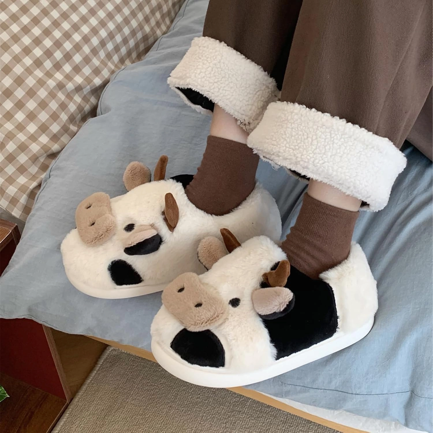 XIXITIAO Girls Boys Cow Slippers for Toddler Kids, Cute Fuzzy Cartoon Whale Rabbit Dinosaur Animal Slippers, Fluffy House Bedroom Shoes for Indoor