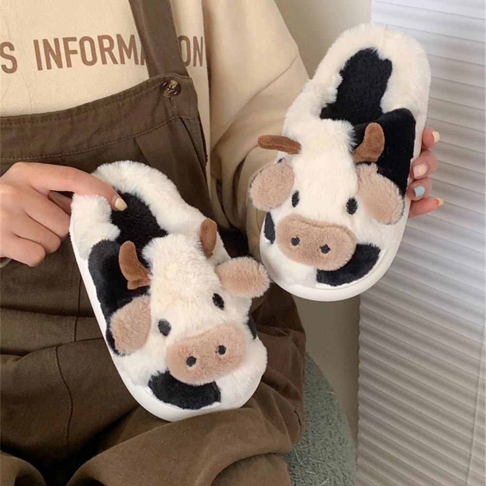 XIXITIAO Girls Boys Cow Slippers for Toddler Kids, Cute Fuzzy Cartoon Whale Rabbit Dinosaur Animal Slippers, Fluffy House Bedroom Shoes for Indoor