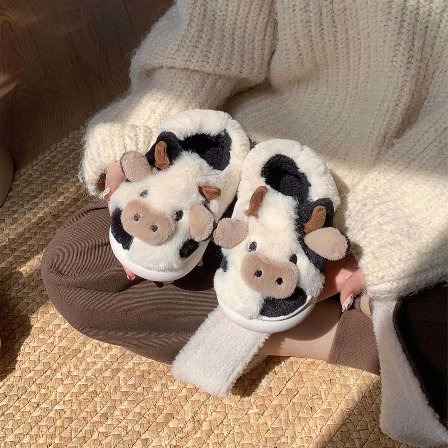 XIXITIAO Girls Boys Cow Slippers for Toddler Kids, Cute Fuzzy Cartoon Whale Rabbit Dinosaur Animal Slippers, Fluffy House Bedroom Shoes for Indoor