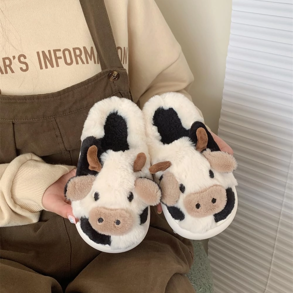 XIXITIAO Girls Boys Cow Slippers for Toddler Kids, Cute Fuzzy Cartoon Whale Rabbit Dinosaur Animal Slippers, Fluffy House Bedroom Shoes for Indoor