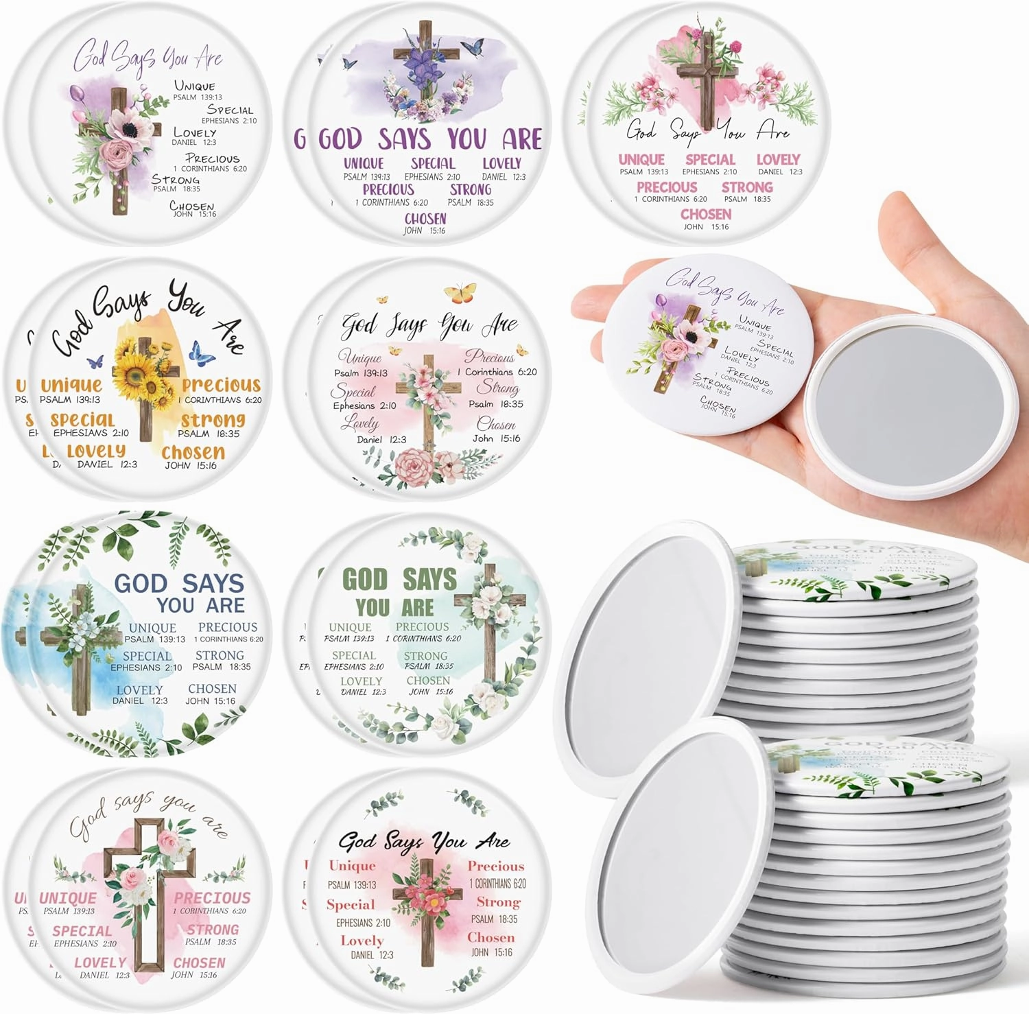 Y1tvei Christian Gifts Compact Mirror - 72Pcs Flower Cross God Say You are Bible Verse Mini Compact Mirrors Inspirational Small Portable Pocket Makeup Mirror for Purse Church Party Favors for Women