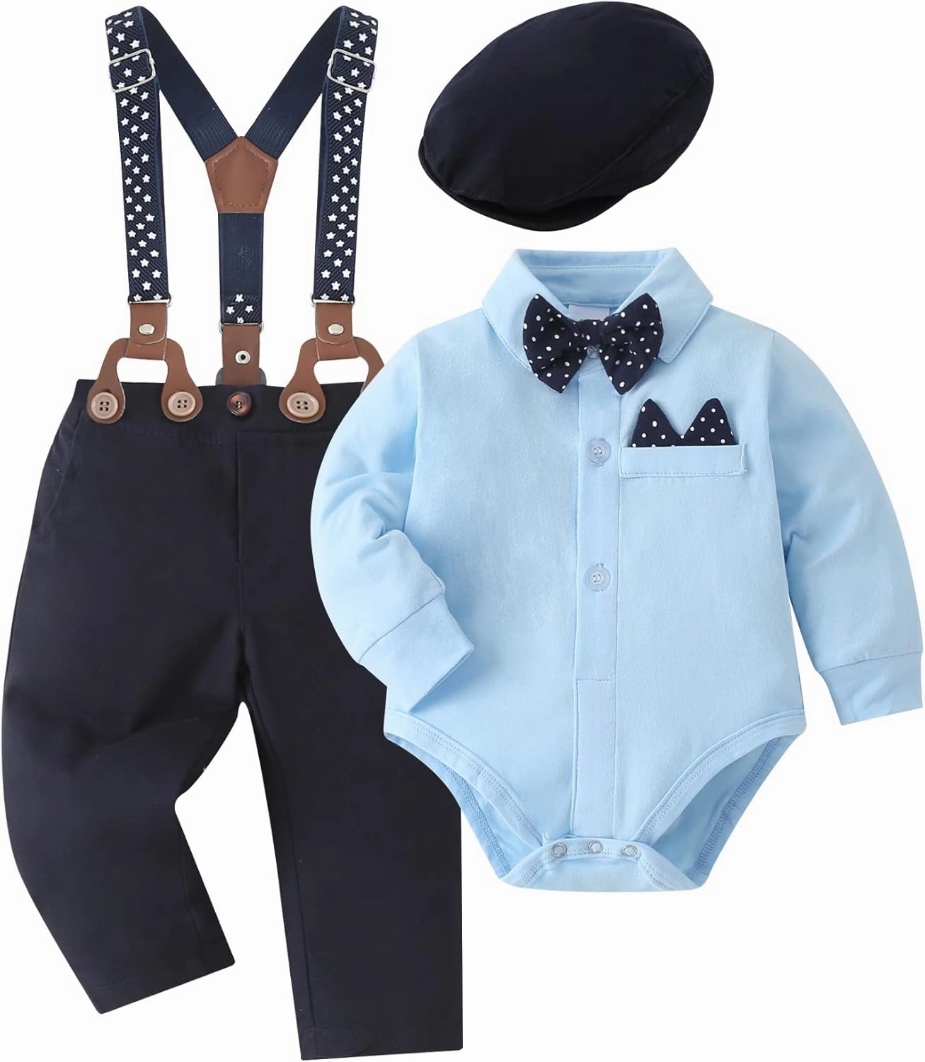 YALLET Baby Boy Clothes Set Infant Tuxedo Long Sleeve Gentleman Suit Outfits   Beret Hat   Suspender Pants   Bowtie 0-18M