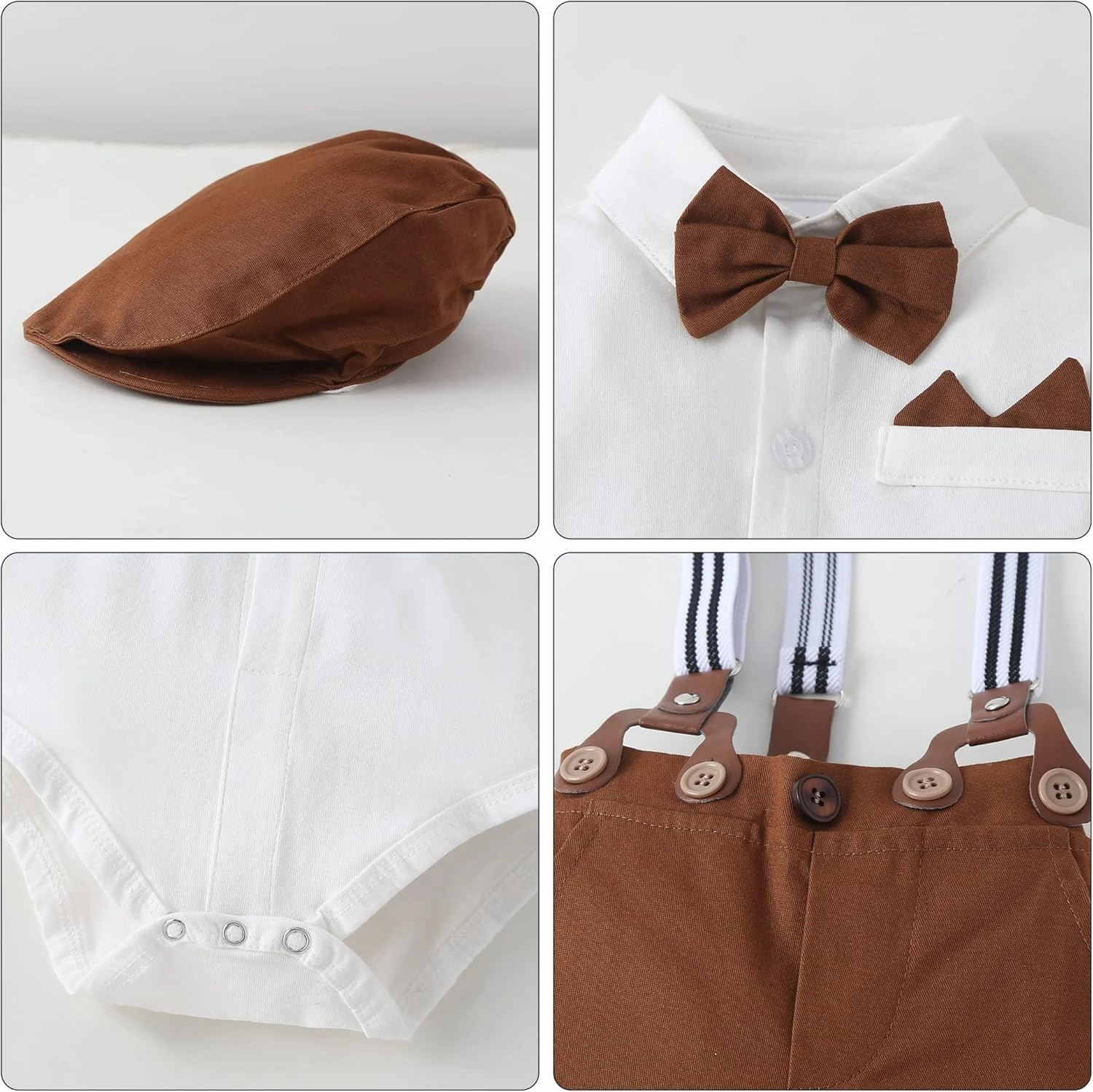 YALLET Baby Boy Clothes Set Infant Tuxedo Long Sleeve Gentleman Suit Outfits   Beret Hat   Suspender Pants   Bowtie 0-18M