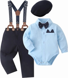 YALLET Baby Boy Clothes Set Infant Tuxedo Long Sleeve Gentleman Suit Outfits   Beret Hat   Suspender Pants   Bowtie 0-18M