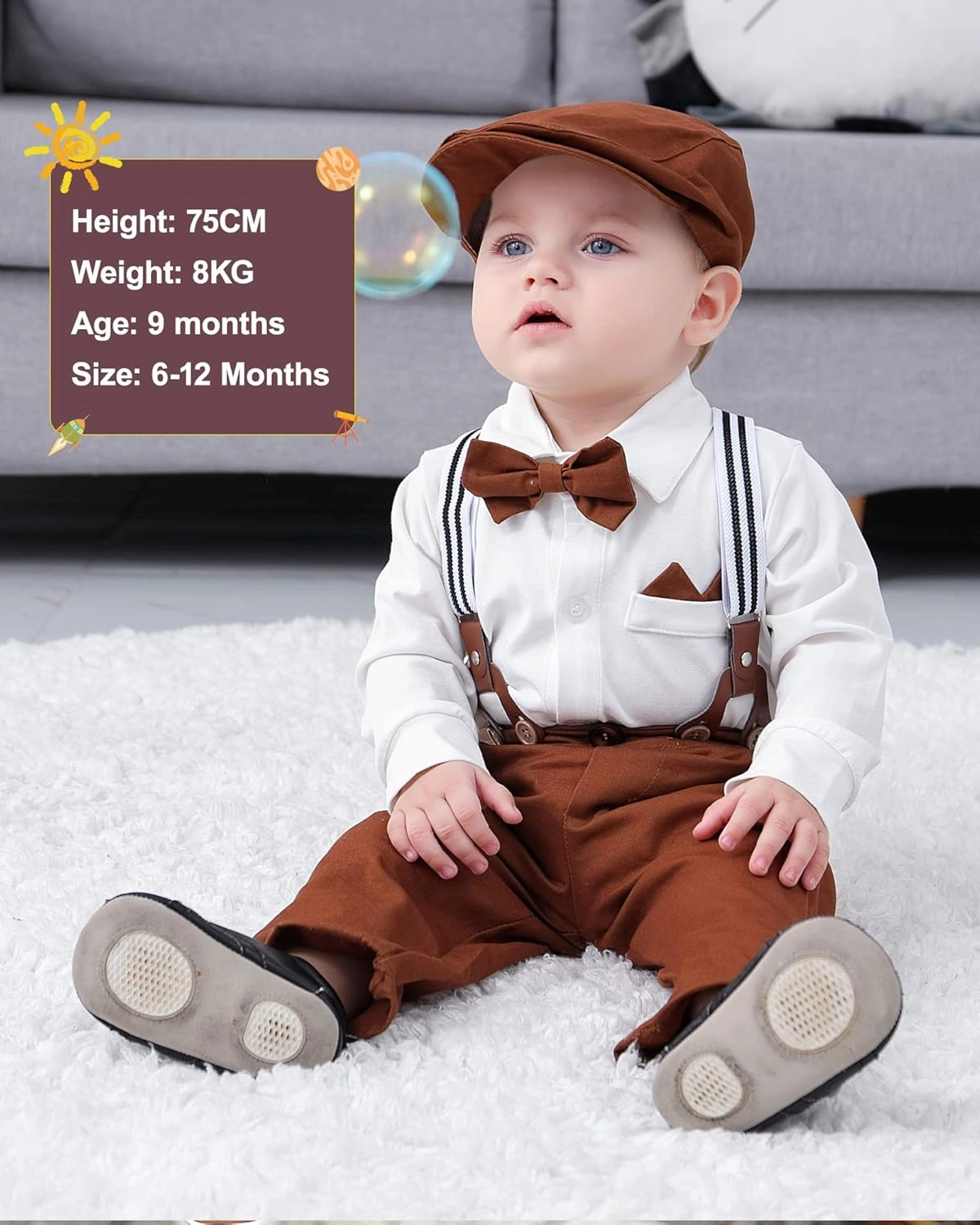 YALLET Baby Boy Clothes Set Infant Tuxedo Long Sleeve Gentleman Suit Outfits   Beret Hat   Suspender Pants   Bowtie 0-18M