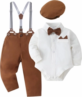 YALLET Baby Boy Clothes Set Infant Tuxedo Long Sleeve Gentleman Suit Outfits   Beret Hat   Suspender Pants   Bowtie 0-18M