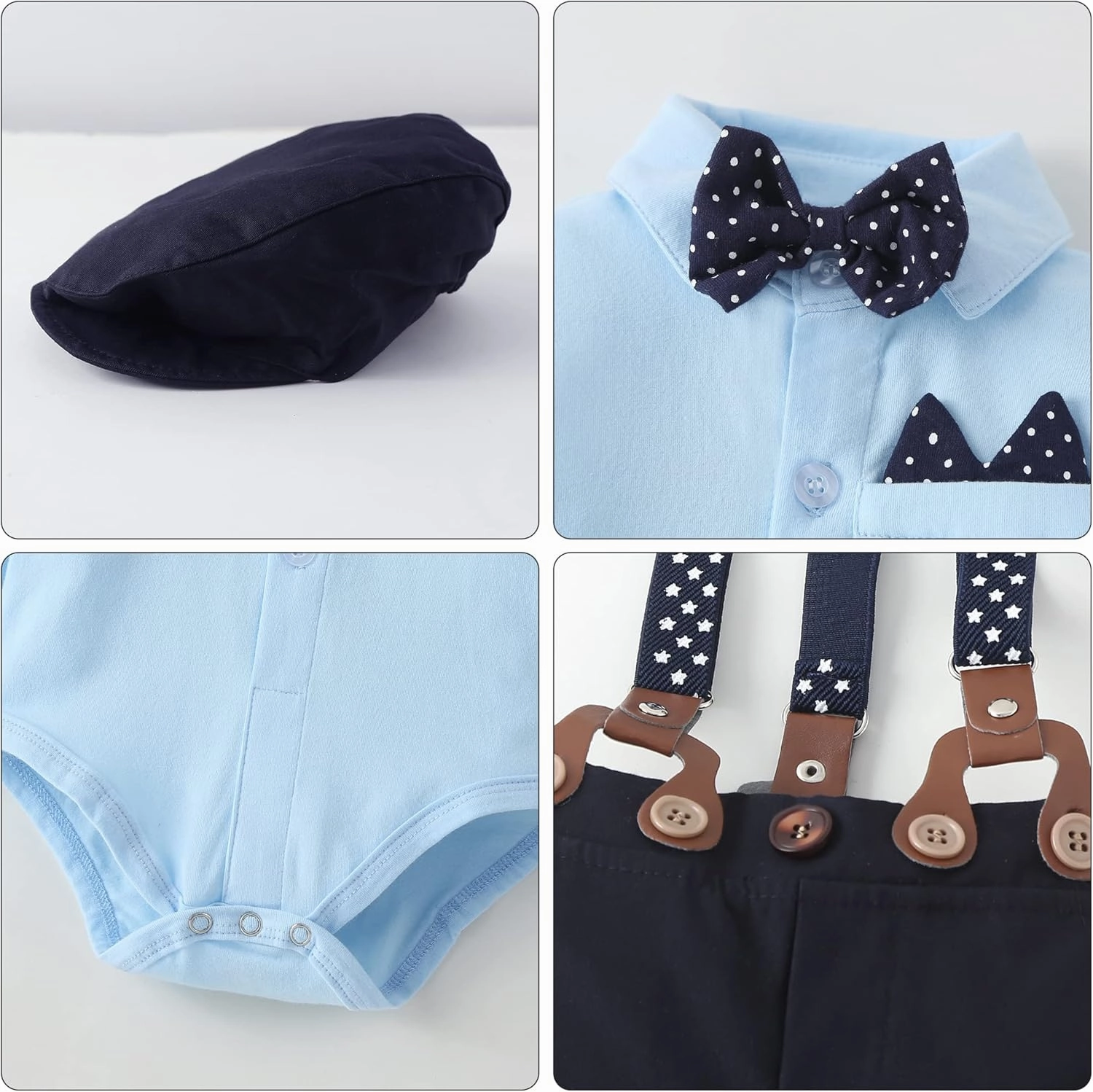 YALLET Baby Boy Clothes Set Infant Tuxedo Long Sleeve Gentleman Suit Outfits   Beret Hat   Suspender Pants   Bowtie 0-18M