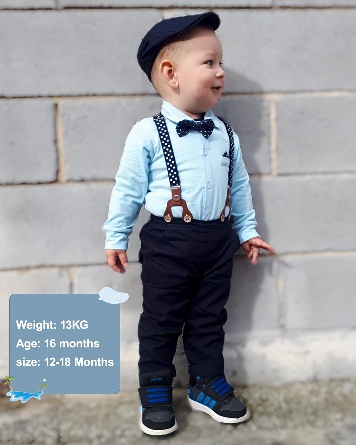 YALLET Baby Boy Clothes Set Infant Tuxedo Long Sleeve Gentleman Suit Outfits   Beret Hat   Suspender Pants   Bowtie 0-18M
