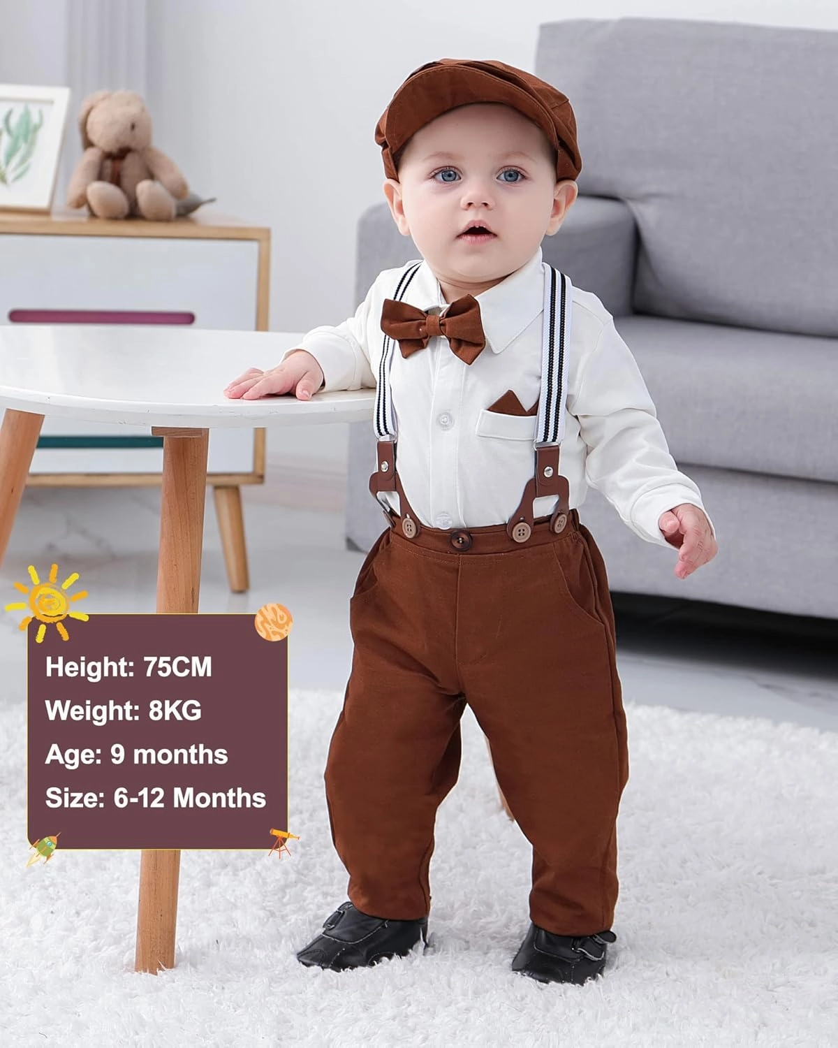 YALLET Baby Boy Clothes Set Infant Tuxedo Long Sleeve Gentleman Suit Outfits   Beret Hat   Suspender Pants   Bowtie 0-18M