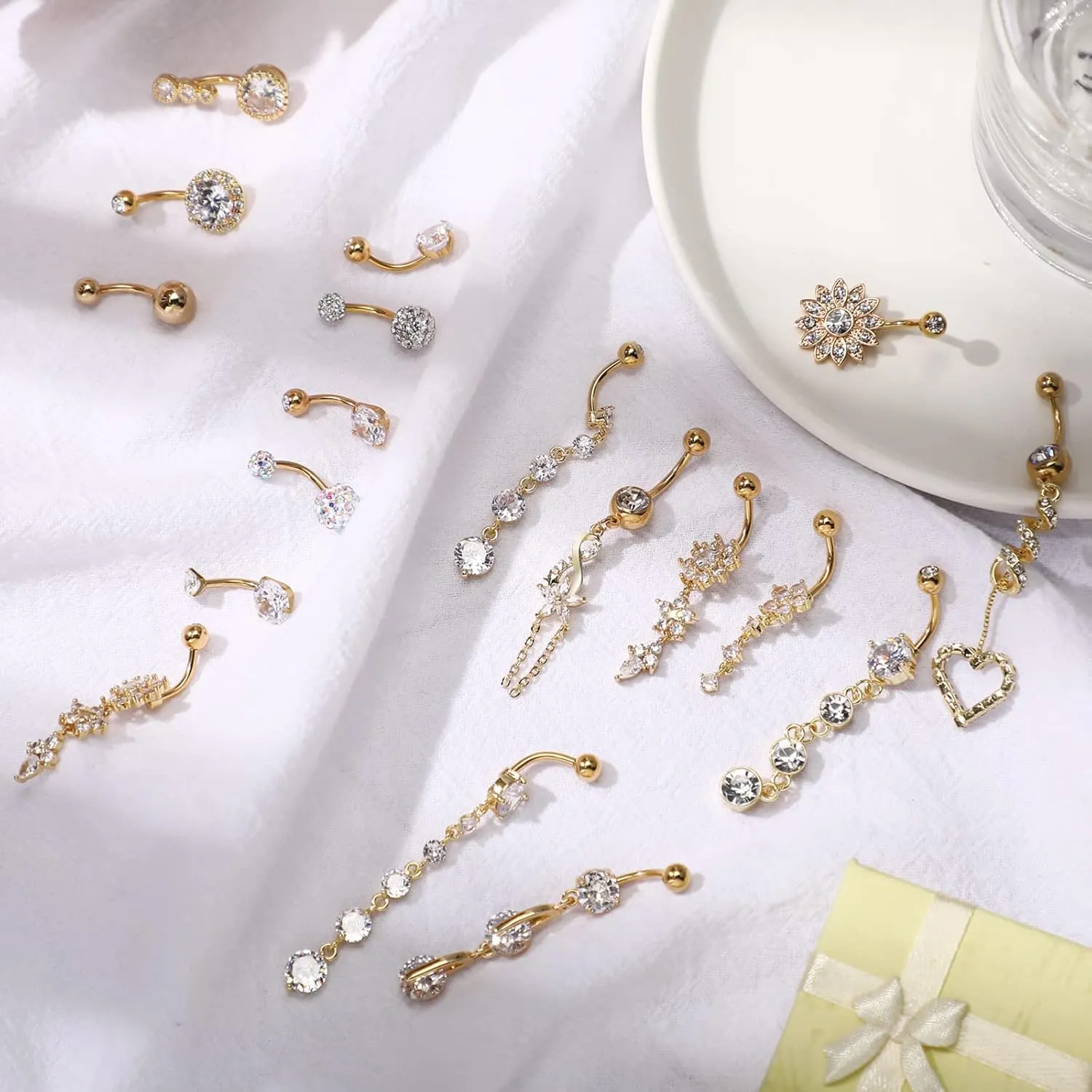 Yaomiao 18 Pcs 14G Stainless Steel Belly Button Ring Rhinestone Heart Dangle Belly Button Rings for Women