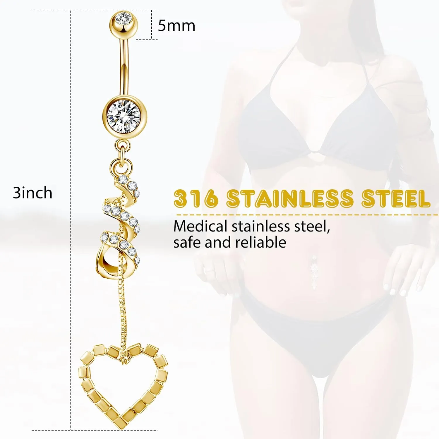 Yaomiao 18 Pcs 14G Stainless Steel Belly Button Ring Rhinestone Heart Dangle Belly Button Rings for Women