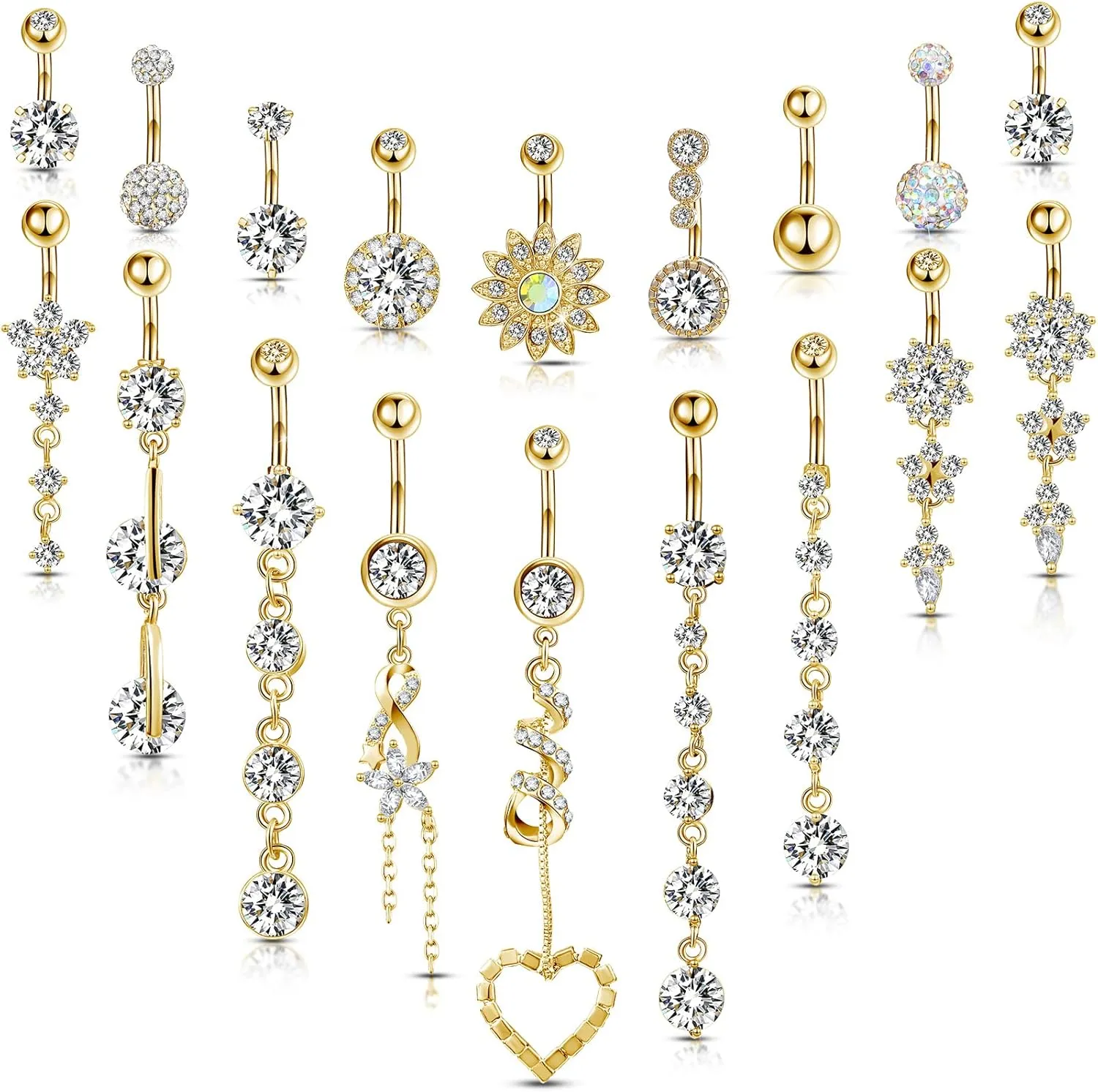 Yaomiao 18 Pcs 14G Stainless Steel Belly Button Ring Rhinestone Heart Dangle Belly Button Rings for Women