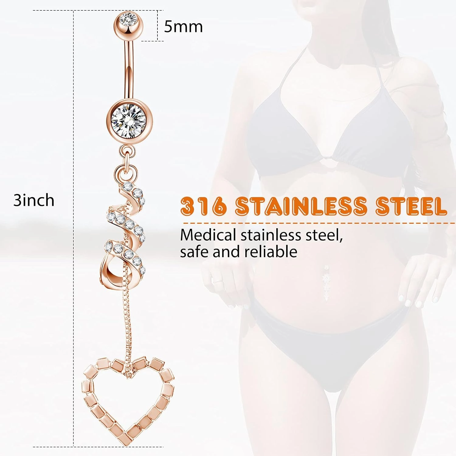 Yaomiao 18 Pcs 14G Stainless Steel Belly Button Ring Rhinestone Heart Dangle Belly Button Rings for Women