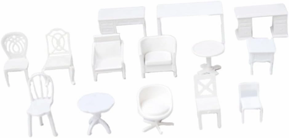 Yardwe 14 Pcs Miniature Furniture Set - White Table, Chairs, Desk for Dollhouse Living Room & Bedroom Decor, 1:20 Scale Mini House Accessories