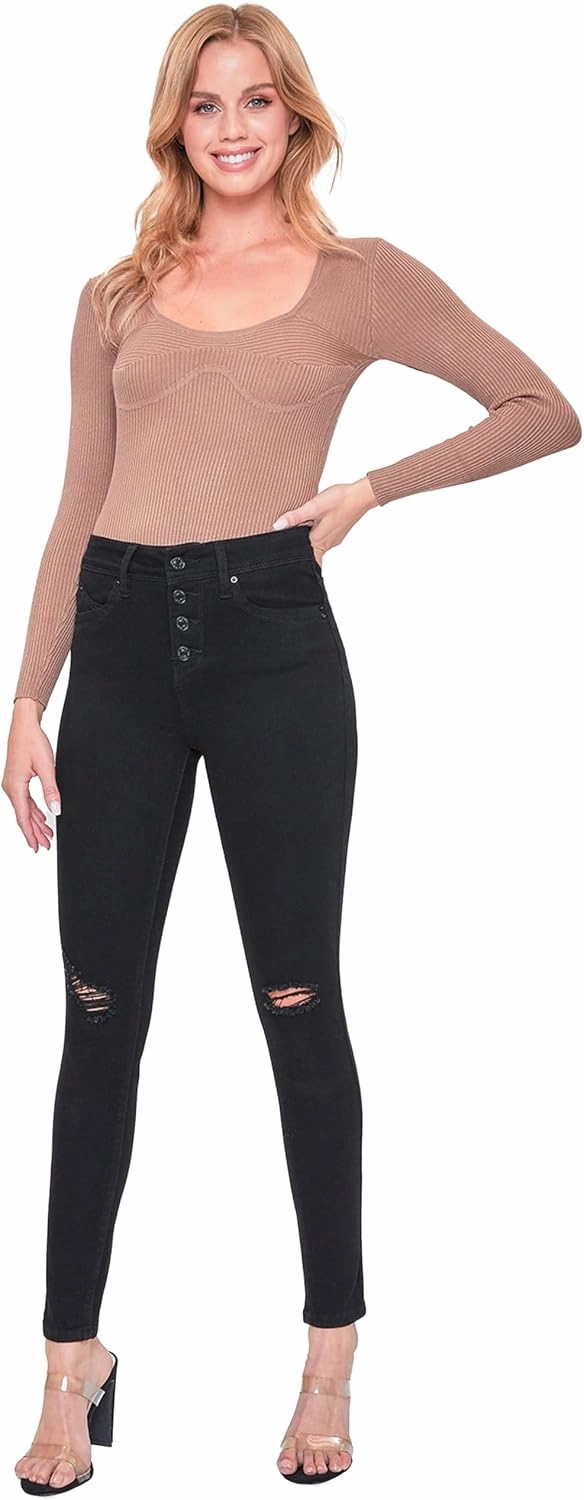 YMI Women's Junior Wannabettabutt Repreve High-Rise Button Fly Skinny Jean