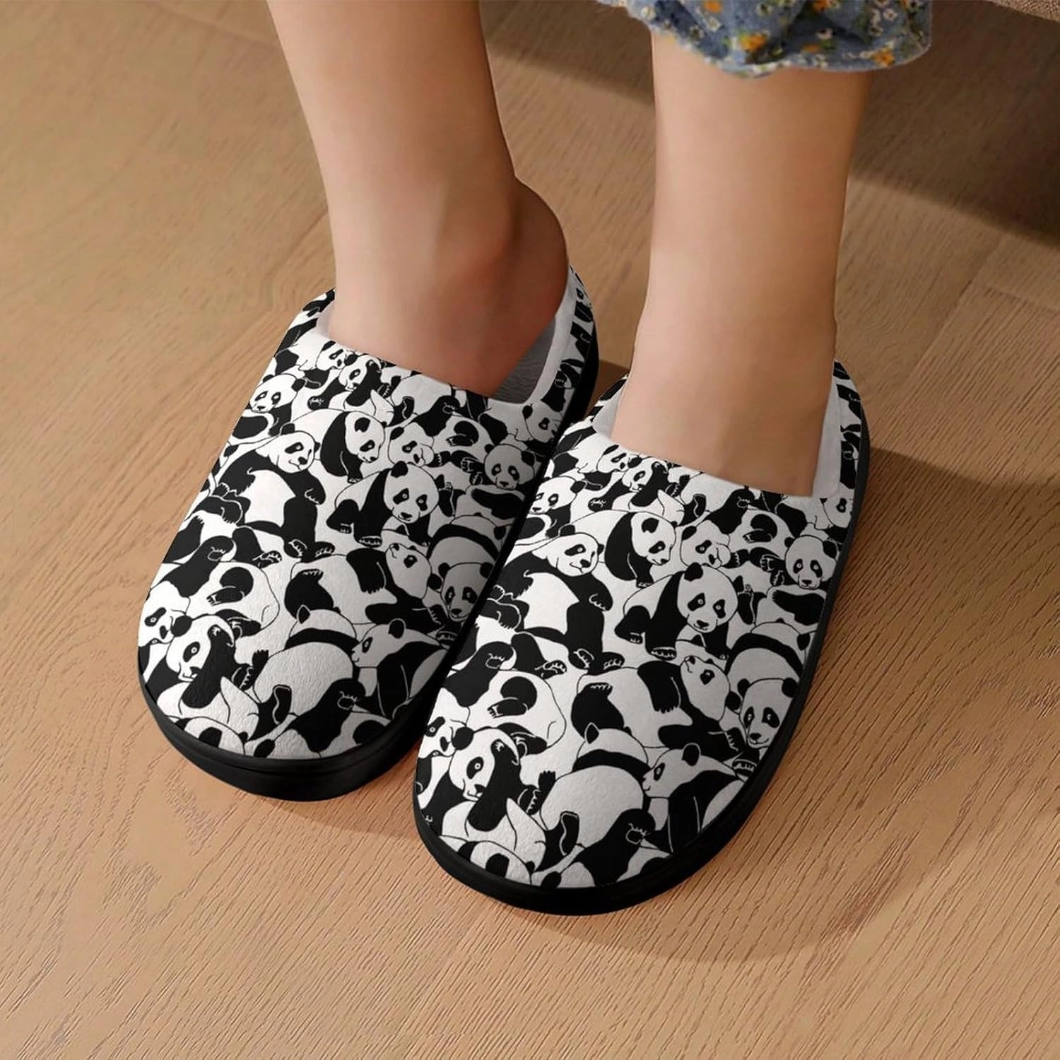 Young Pandas Print Slippers for Boys Girls Home Cotton Slippers Non-Slip Warm Little Kids Slippers