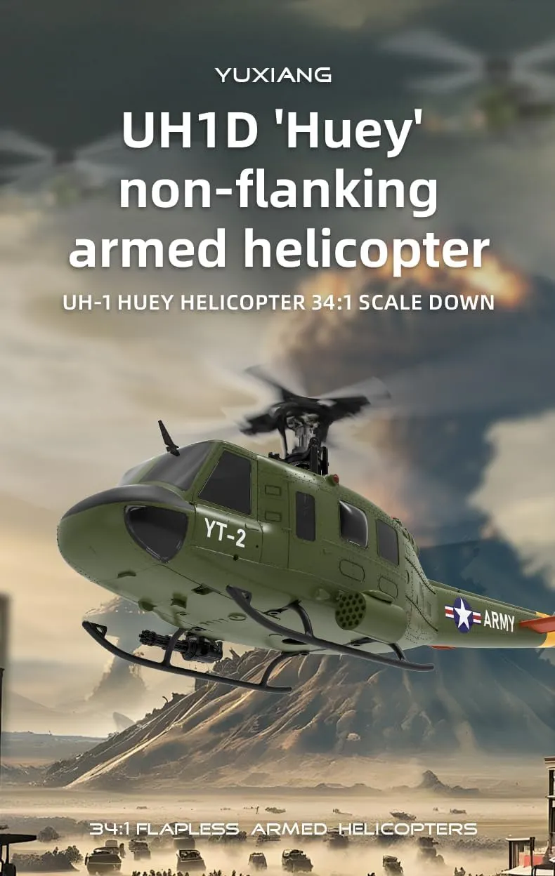 YU Xiang F07 1/34 Scale UH-1 Huey RC Helicopter for Adults, 2.4G 6CH Brushless Direct-Drive 6G Flybarless Direct-Drive RTF Helicopter with Optical Flow Positioning, 2 Batteries