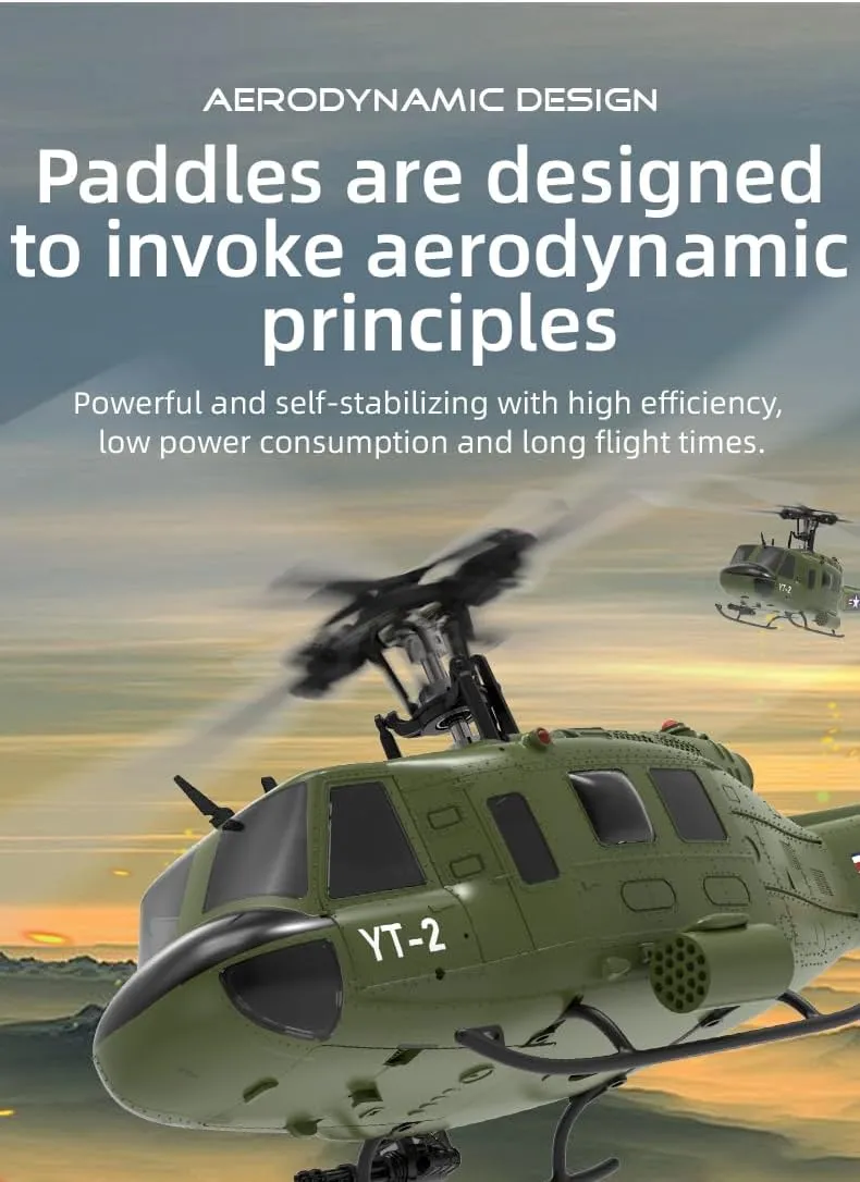 YU Xiang F07 1/34 Scale UH-1 Huey RC Helicopter for Adults, 2.4G 6CH Brushless Direct-Drive 6G Flybarless Direct-Drive RTF Helicopter with Optical Flow Positioning, 2 Batteries