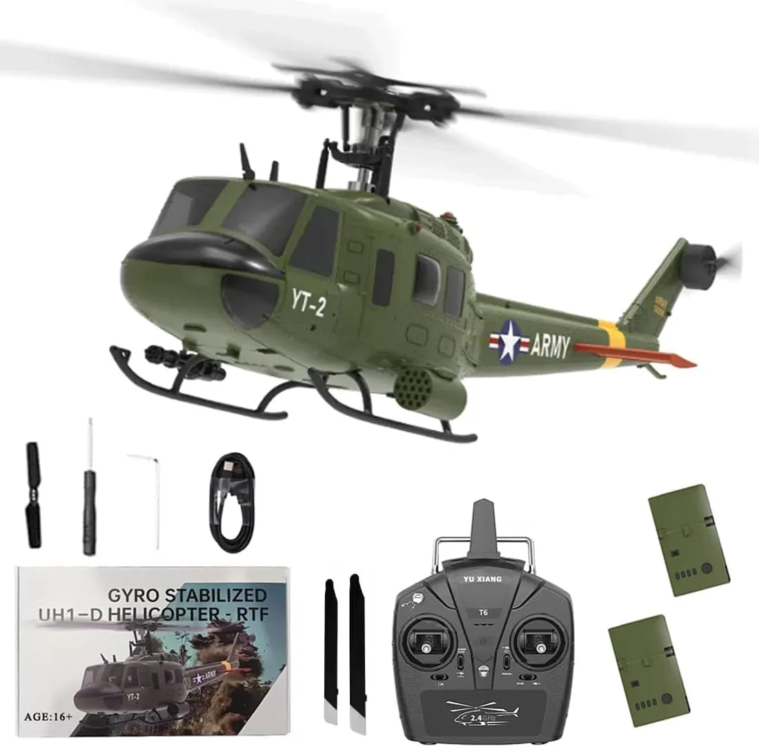 YU Xiang F07 1/34 Scale UH-1 Huey RC Helicopter for Adults, 2.4G 6CH Brushless Direct-Drive 6G Flybarless Direct-Drive RTF Helicopter with Optical Flow Positioning, 2 Batteries