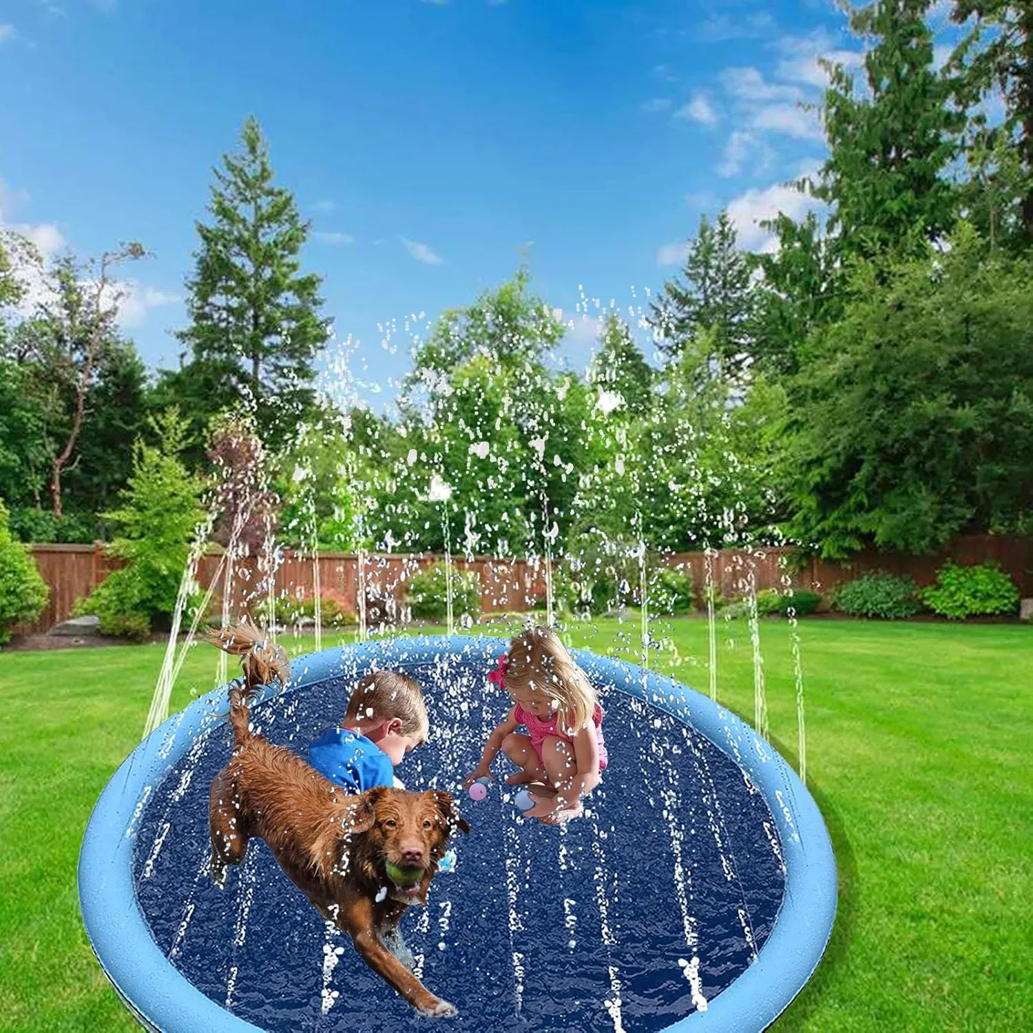 YUDANSI Splash Pad for Dogs&Kids, Foldable Sprinkler Pad Outside, Collapsible Play Water Bathtub Toy for Kiddie Puppies, Non Slip Wading Pool,Summer Outdoor Paddling Toys for Yard 67''