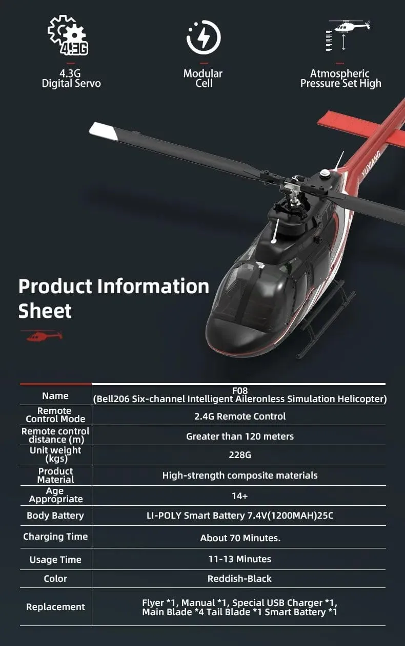 YuXiang F08 Bell 206 RC Helicopter for Adults, 1/27 2.4G 6CH 6G/3D Brushless Direct-Drive Flybarless Advanced Jet Ranger Gyro Stabilized Aircraft -2 Battery