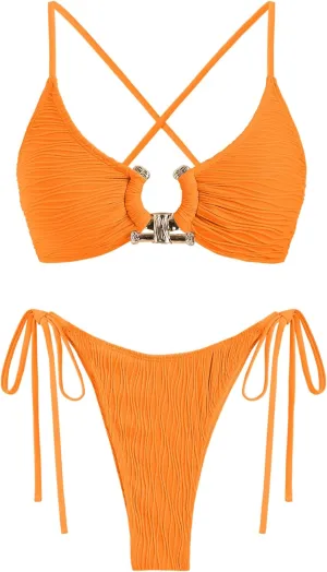 ZAFUL Women's Bikini Sets Ribbed Metal O Ring Criss Cross Two Piece Swimsuit Cheeky High Cut Side Tie Thong Bathing Suit