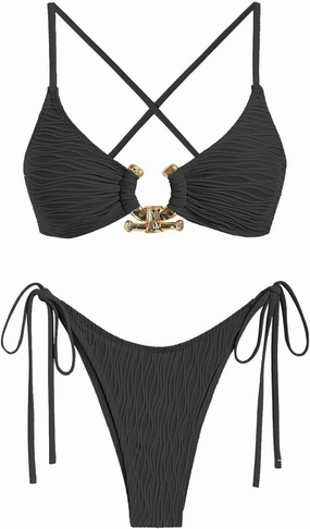 ZAFUL Women's Bikini Sets Ribbed Metal O Ring Criss Cross Two Piece Swimsuit Cheeky High Cut Side Tie Thong Bathing Suit