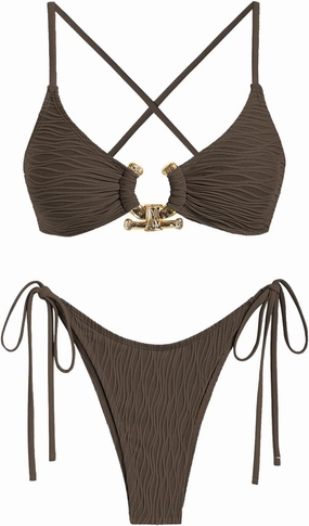 ZAFUL Women's Bikini Sets Ribbed Metal O Ring Criss Cross Two Piece Swimsuit Cheeky High Cut Side Tie Thong Bathing Suit