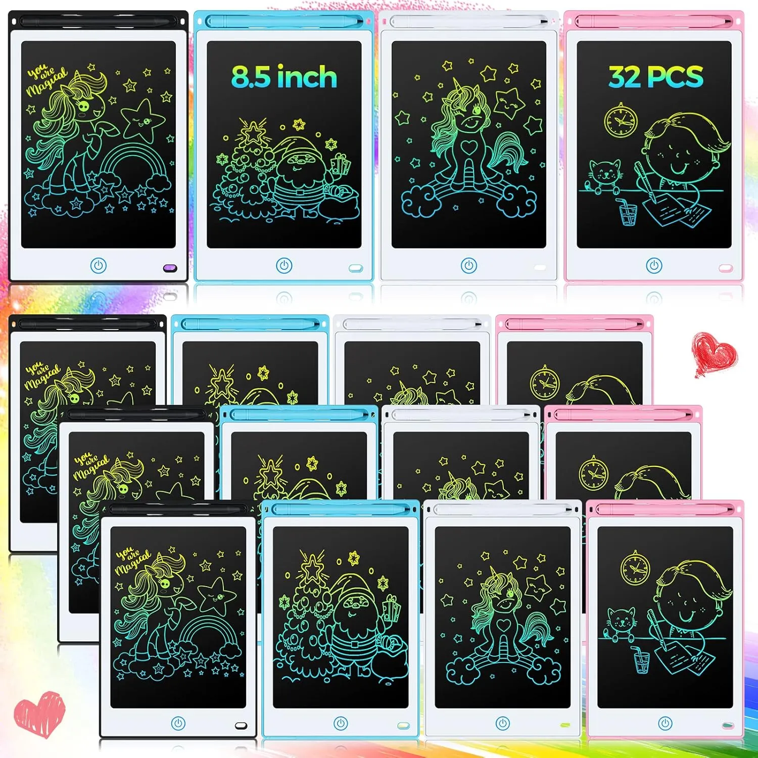 Zhehao 32 Pieces LCD Writing Tablet Doodle Board Electronic Toy 8.5 Inch Colorful Doodle Board LCD Erasable Drawing Pad Reusable Writing Pad Toys for Girls Boys(White, Black, Pink, Blue)